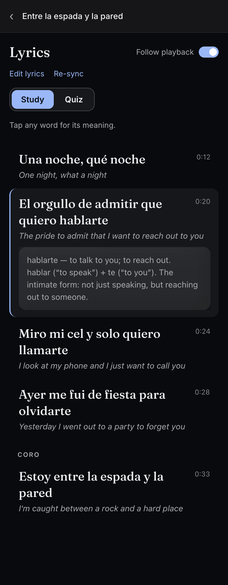 Dentro synced lyrics with line-by-line translation and tap-to-define words