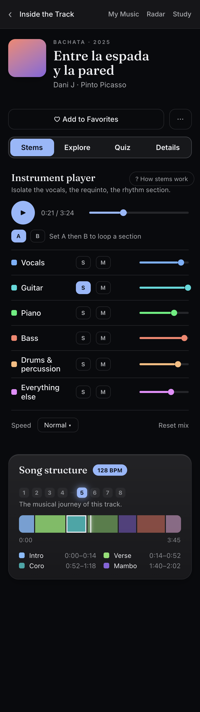 Dentro stem player showing vocals, requinto, bass and drums with the eight-count